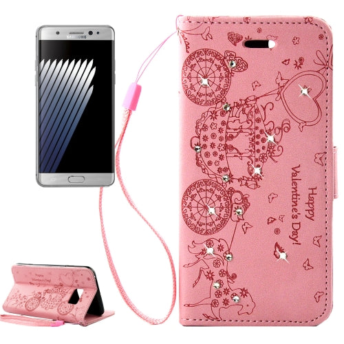 For Galaxy Note 7 / N930 Pressed Flower Butterfly Carriage Pattern Diamond Encrusted Horizontal Flip Leather Case with Holder & Card Slots & Wallet & Photo Frame & Lanyard