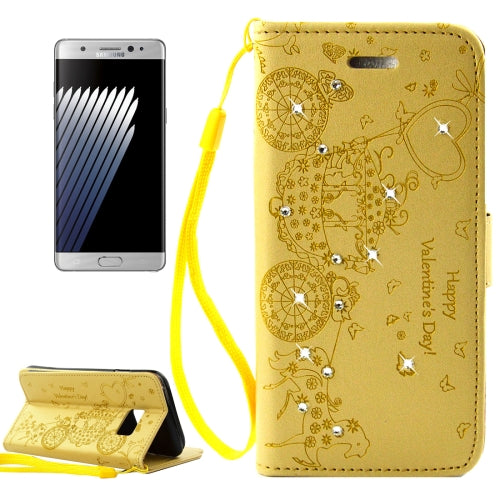 For Galaxy Note 7 / N930 Pressed Flower Butterfly Carriage Pattern Diamond Encrusted Horizontal Flip Leather Case with Holder & Card Slots & Wallet & Photo Frame & Lanyard