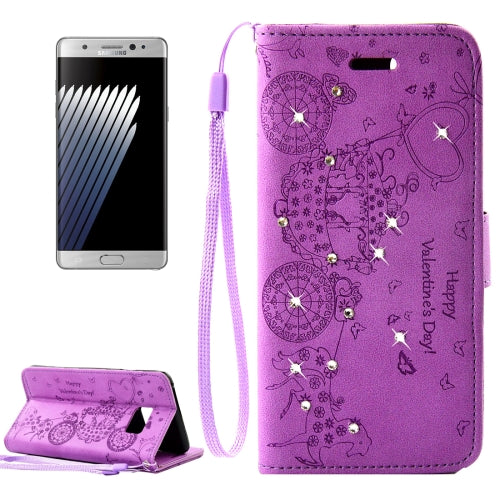For Galaxy Note 7 / N930 Pressed Flower Butterfly Carriage Pattern Diamond Encrusted Horizontal Flip Leather Case with Holder & Card Slots & Wallet & Photo Frame & Lanyard