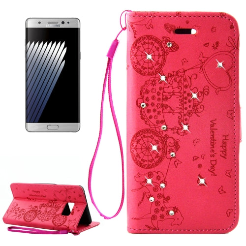 For Galaxy Note 7 / N930 Pressed Flower Butterfly Carriage Pattern Diamond Encrusted Horizontal Flip Leather Case with Holder & Card Slots & Wallet & Photo Frame & Lanyard