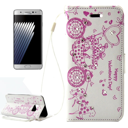 For Galaxy Note 7 / N930 Pressed Flower Butterfly Carriage Pattern Diamond Encrusted Horizontal Flip Leather Case with Holder & Card Slots & Wallet & Photo Frame & Lanyard