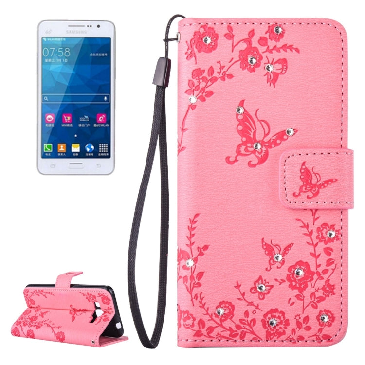 For Galaxy Grand Prime / G530 Diamond Encrusted Butterflies Love Flowers Pattern Horizontal Flip Leather Case with Holder & Card Slots & Wallet & Lanyard