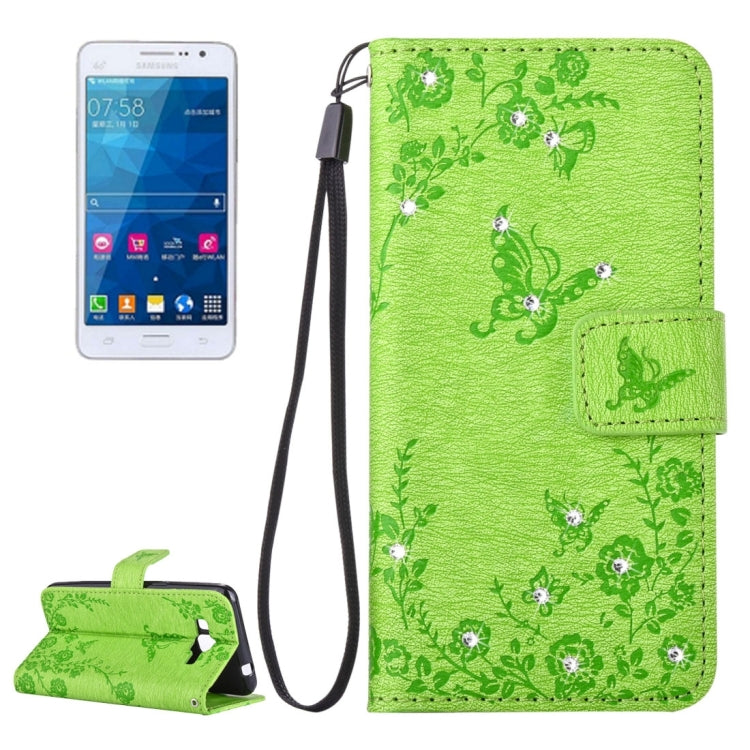 For Galaxy Grand Prime / G530 Diamond Encrusted Butterflies Love Flowers Pattern Horizontal Flip Leather Case with Holder & Card Slots & Wallet & Lanyard