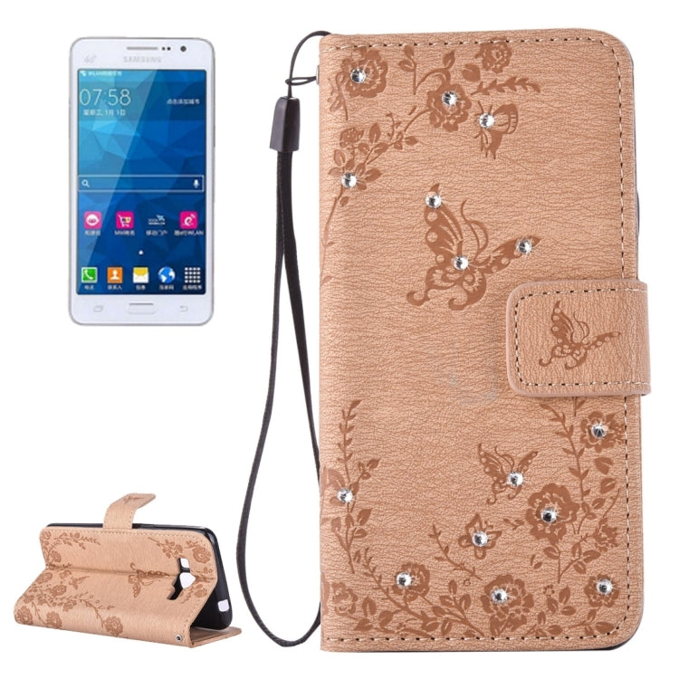 For Galaxy Grand Prime / G530 Diamond Encrusted Butterflies Love Flowers Pattern Horizontal Flip Leather Case with Holder & Card Slots & Wallet & Lanyard
