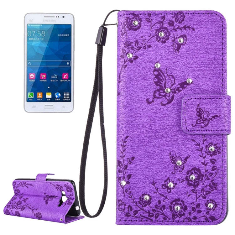 For Galaxy Grand Prime / G530 Diamond Encrusted Butterflies Love Flowers Pattern Horizontal Flip Leather Case with Holder & Card Slots & Wallet & Lanyard