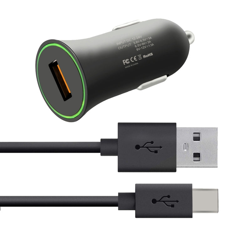 12V 18W Universal Qualcomm Quick Charge 3.0 USB Port Car Charger with Type C USB Cable Set for Samsung, Google, LG, Huawei, Nokia, Microsoft, Xiaomi, Letv, Meizu(Black)