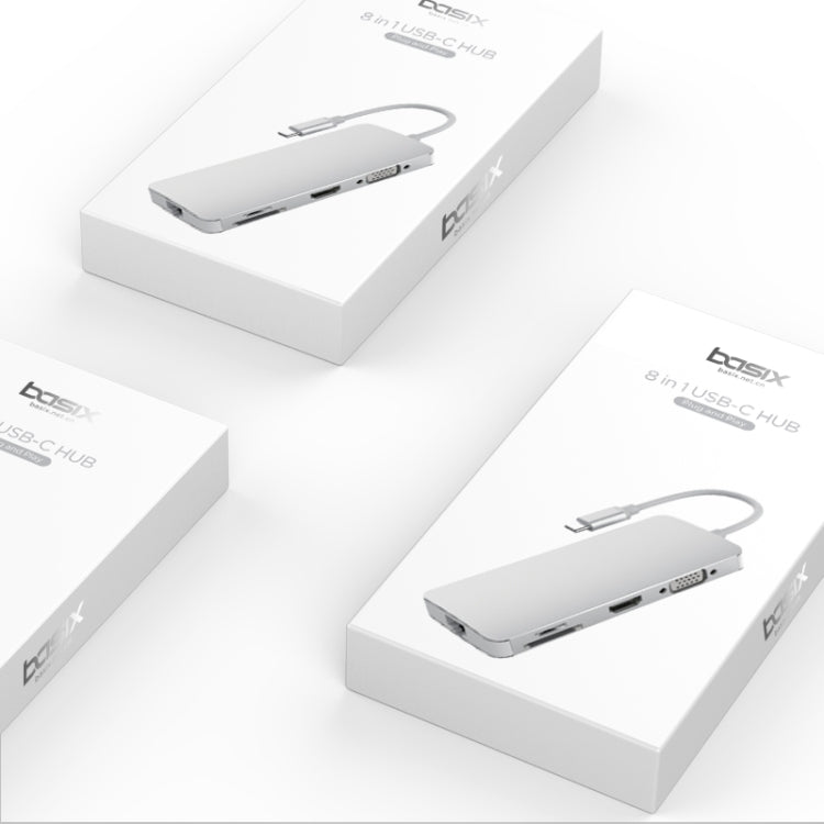Basix T8 8 in 1 USB-C / Type-C to USB2.0x2 Type-Cx1 HUB Adapter with HDMI Output, SD Card Reader,Micro SD, RJ45, VGA for Type-C Channel Computers and Phones(Grey)