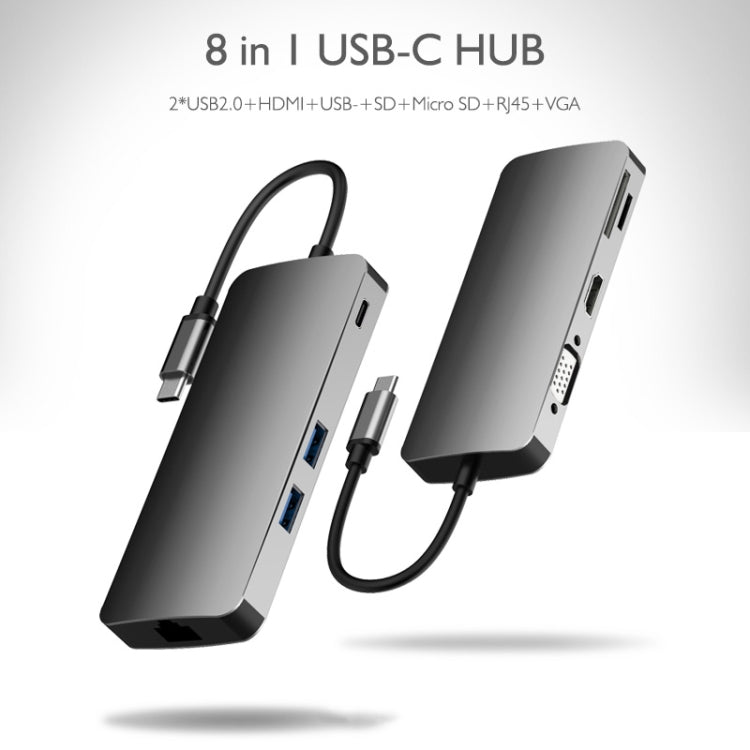 Basix T8 8 in 1 USB-C / Type-C to USB2.0x2 Type-Cx1 HUB Adapter with HDMI Output, SD Card Reader,Micro SD, RJ45, VGA for Type-C Channel Computers and Phones(Grey)