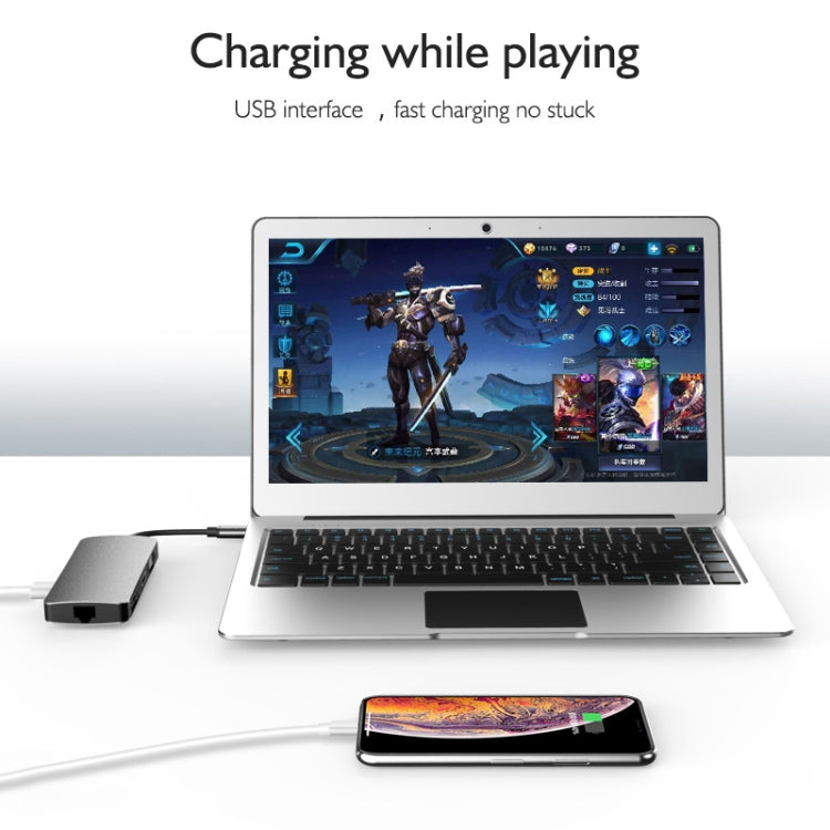 Basix T8 8 in 1 USB-C / Type-C to USB2.0x2 Type-Cx1 HUB Adapter with HDMI Output, SD Card Reader,Micro SD, RJ45, VGA for Type-C Channel Computers and Phones(Grey)