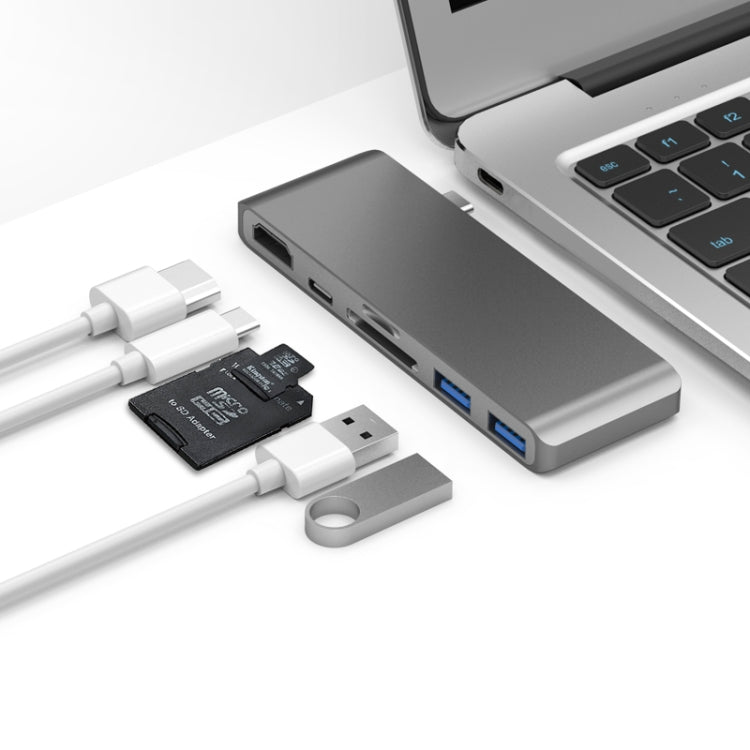 Basix T6 6 in 1 USB-C / Type-C to USB3.0x2 Type-Cx1 HUB Adapter with HDMI Output, SD Card Reader,Micro SD for Type-C Channel Computers and Phones(Grey)