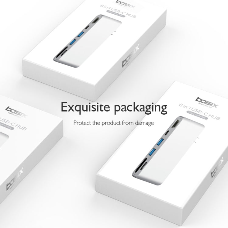 Basix T6 6 in 1 USB-C / Type-C to USB3.0x2 Type-Cx1 HUB Adapter with HDMI Output, SD Card Reader,Micro SD for Type-C Channel Computers and Phones(Grey)