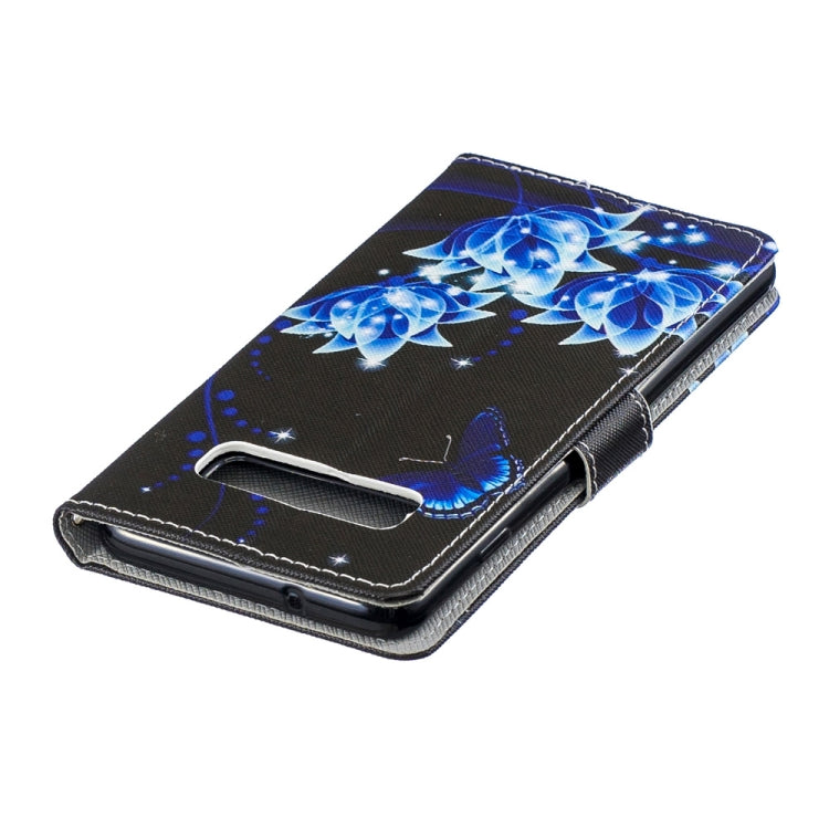 Blue Flower Pattern Horizontal Flip Leather Case for Galaxy S10+, with Holder & Card Slots & Wallet