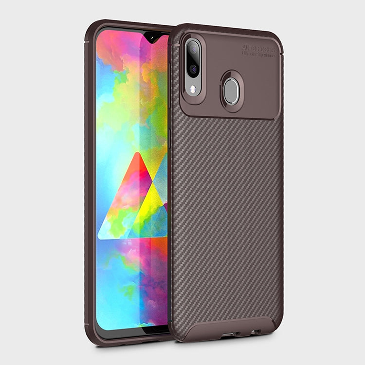 Beetle Series Carbon Fiber Texture Shockproof TPU Case for Galaxy M20(Brown)