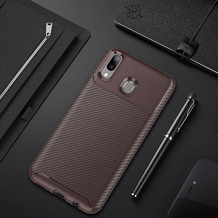 Beetle Series Carbon Fiber Texture Shockproof TPU Case for Galaxy M20(Brown)