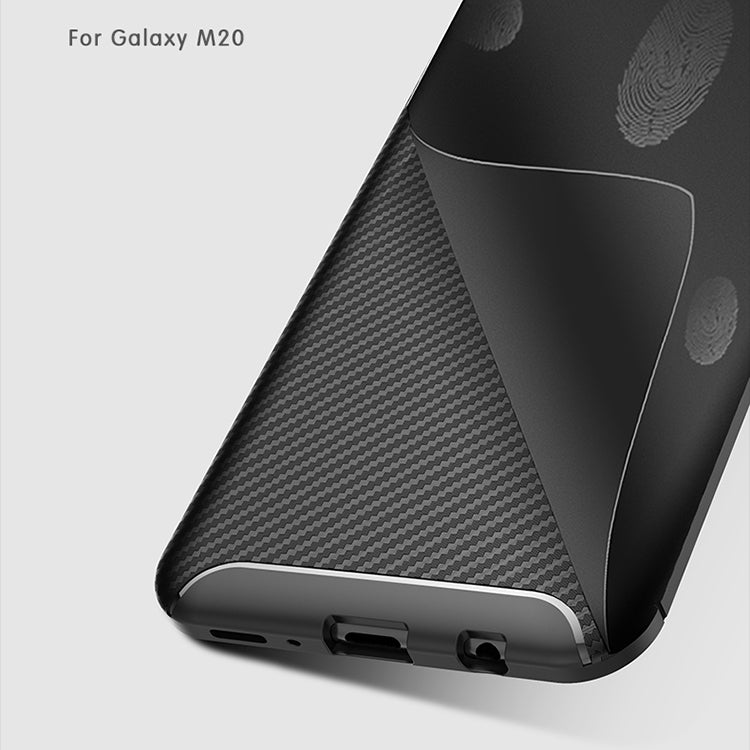 Beetle Series Carbon Fiber Texture Shockproof TPU Case for Galaxy M20(Brown)