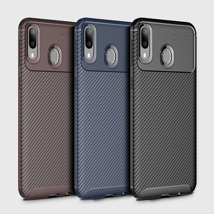Beetle Series Carbon Fiber Texture Shockproof TPU Case for Galaxy M20(Brown)