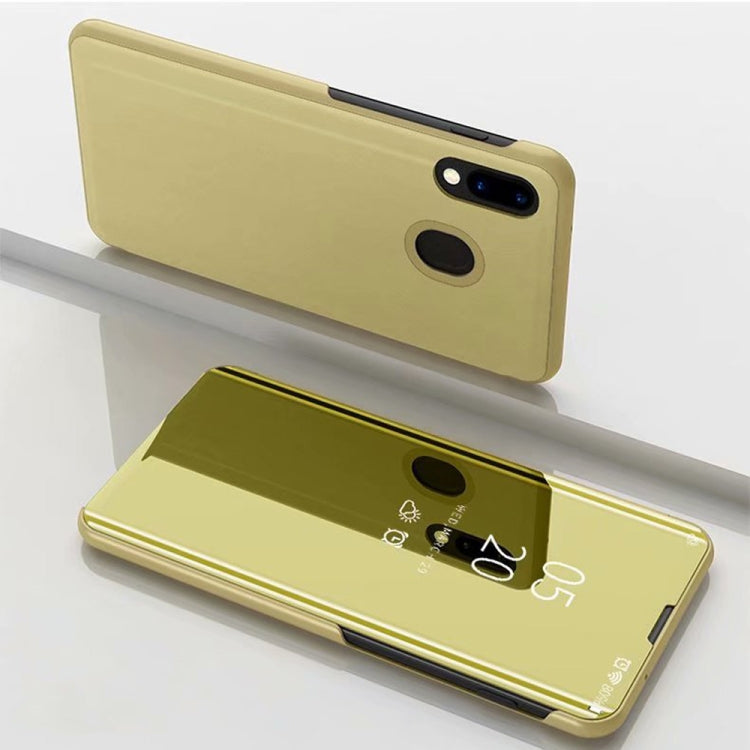 Electroplating Mirror Horizontal Flip Leather Case for Galaxy M20, with Holder