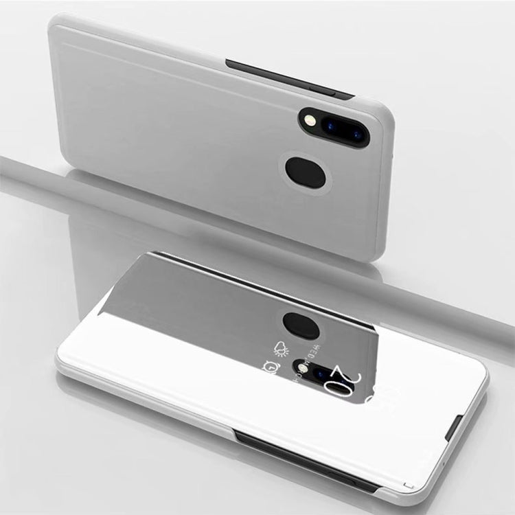 Electroplating Mirror Horizontal Flip Leather Case for Galaxy M20, with Holder