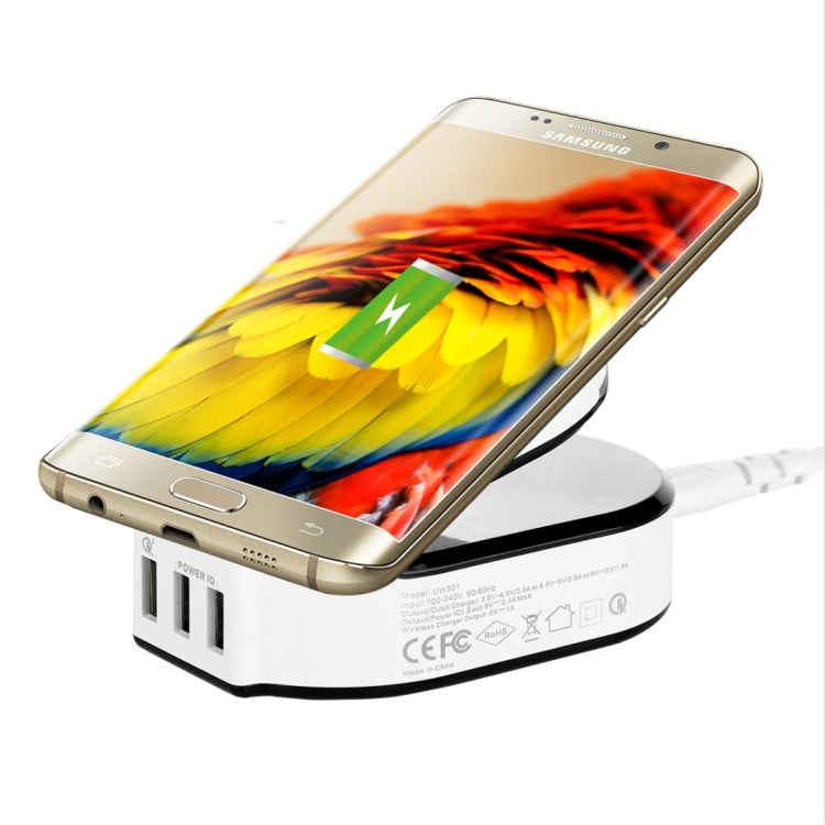 50W 10A 3 USB Ports Quick Charge 3.0 + Qi Standard Wireless Charger  for iPhone 8 / 8 Plus / X &   Galaxy S7 Edge / S7 / S6 / Note 5, HTC, Sony, Nokia, LG, US Plug(White)