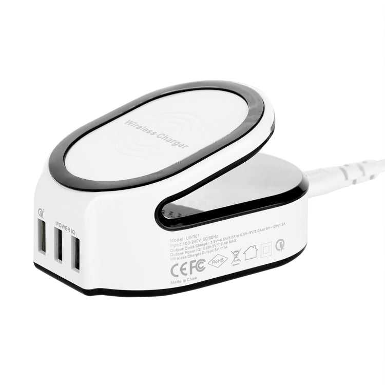 50W 10A 3 USB Ports Quick Charge 3.0 + Qi Standard Wireless Charger  for iPhone 8 / 8 Plus / X &   Galaxy S7 Edge / S7 / S6 / Note 5, HTC, Sony, Nokia, LG, US Plug(White)