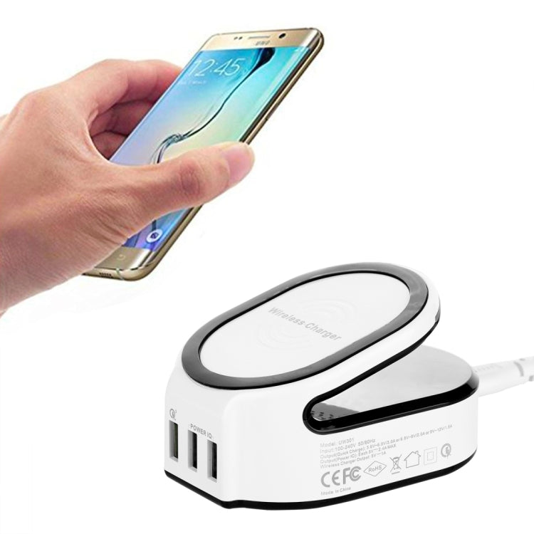 50W 10A 3 USB Ports Quick Charge 3.0 + Qi Standard Wireless Charger  for iPhone 8 / 8 Plus / X &   Galaxy S7 Edge / S7 / S6 / Note 5, HTC, Sony, Nokia, LG, US Plug(White)