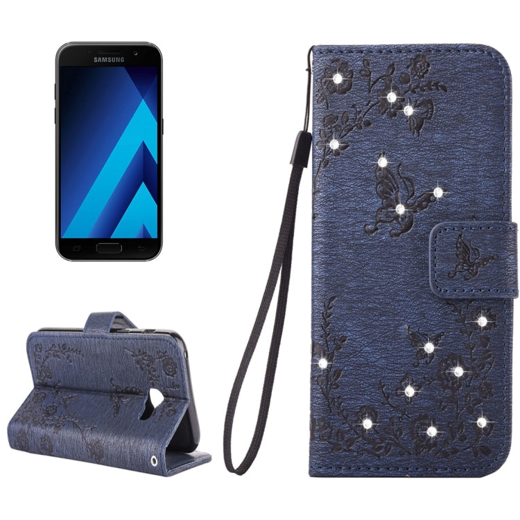For Galaxy A3 (2017) Diamante Butteryfly Pressed Flowers Pattern Horizontal Flip Leather Case with Holder & Card Slots & Wallet & Lanyard