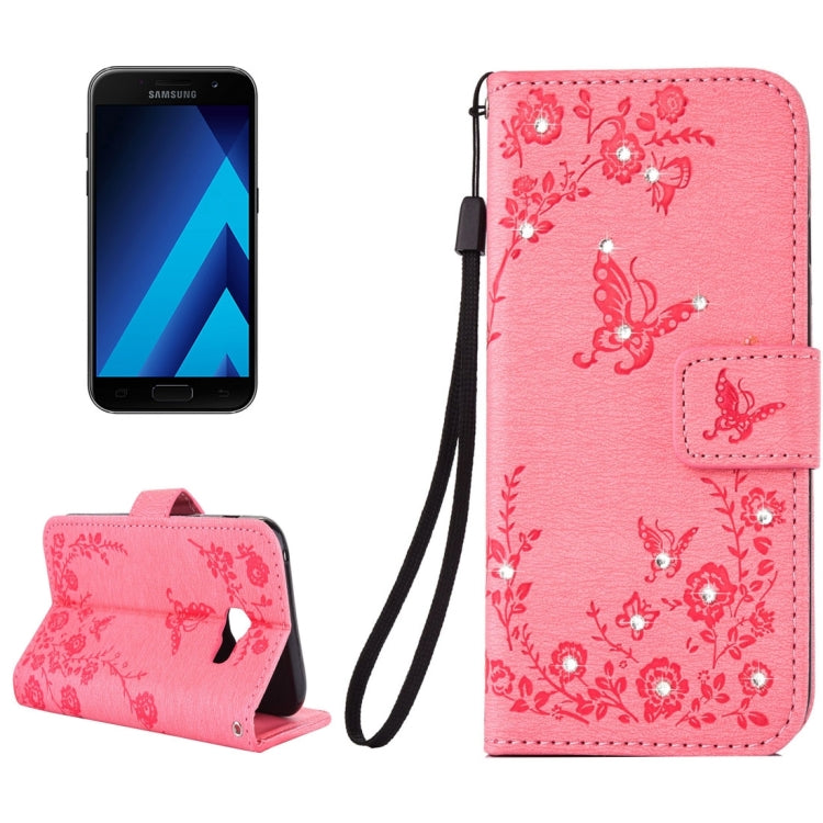 For Galaxy A3 (2017) Diamante Butteryfly Pressed Flowers Pattern Horizontal Flip Leather Case with Holder & Card Slots & Wallet & Lanyard
