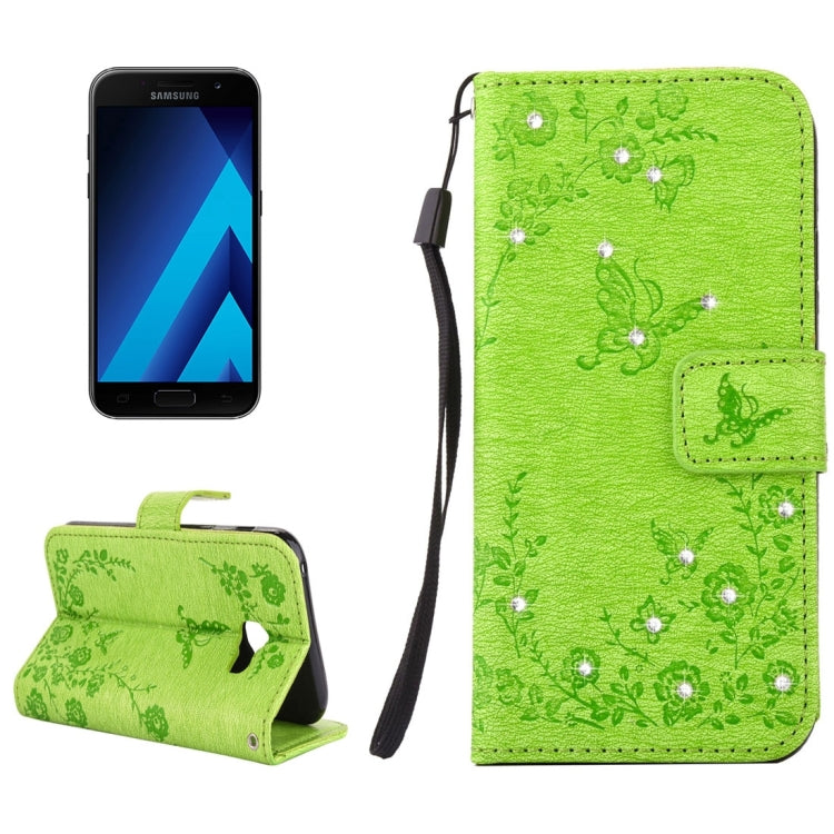 For Galaxy A3 (2017) Diamante Butteryfly Pressed Flowers Pattern Horizontal Flip Leather Case with Holder & Card Slots & Wallet & Lanyard