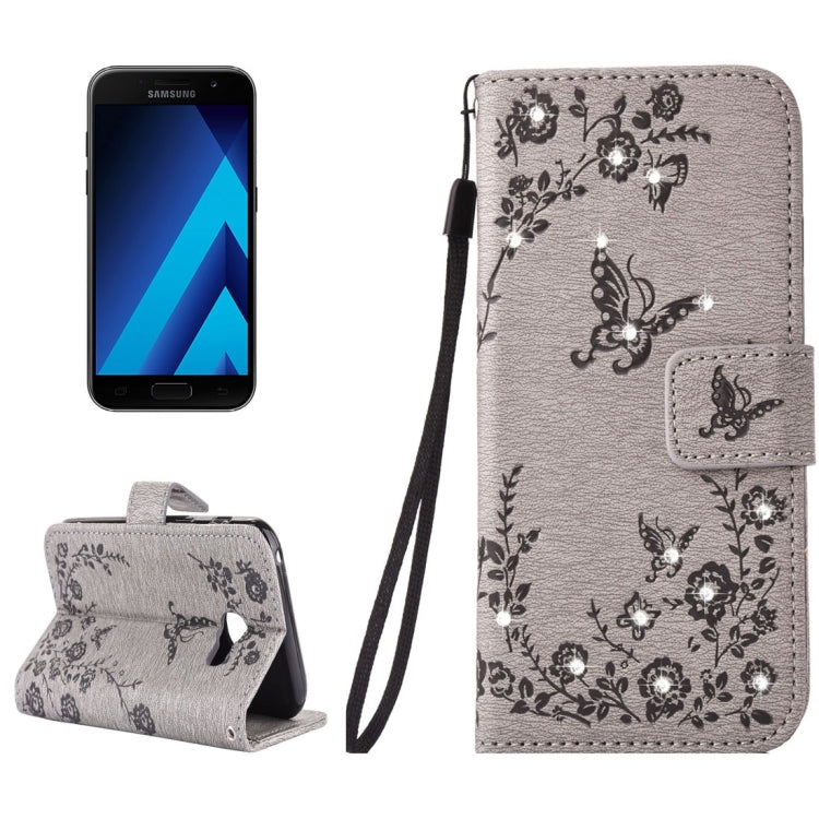 For Galaxy A3 (2017) Diamante Butteryfly Pressed Flowers Pattern Horizontal Flip Leather Case with Holder & Card Slots & Wallet & Lanyard