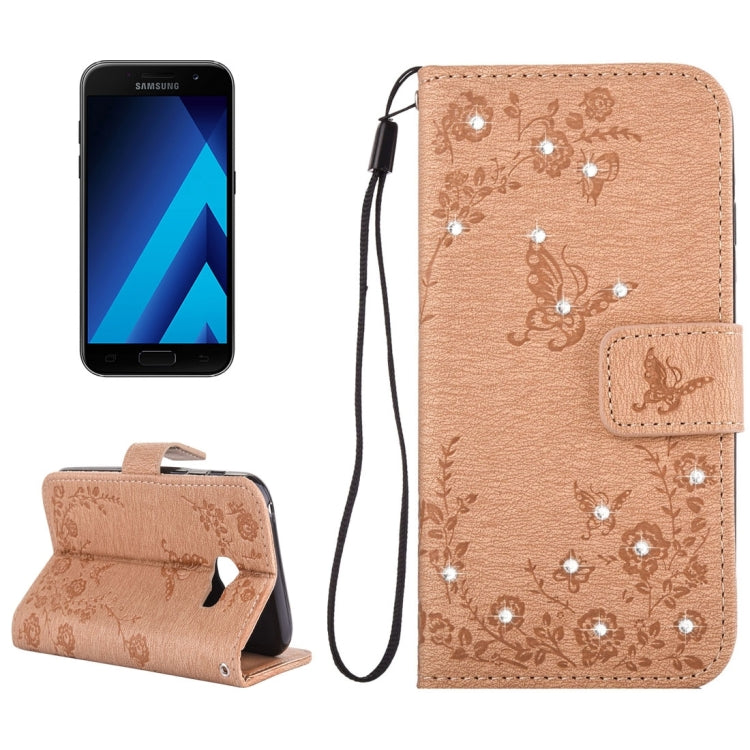 For Galaxy A3 (2017) Diamante Butteryfly Pressed Flowers Pattern Horizontal Flip Leather Case with Holder & Card Slots & Wallet & Lanyard