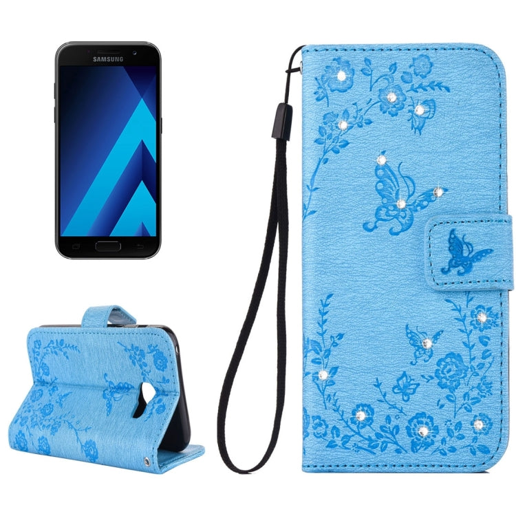 For Galaxy A3 (2017) Diamante Butteryfly Pressed Flowers Pattern Horizontal Flip Leather Case with Holder & Card Slots & Wallet & Lanyard