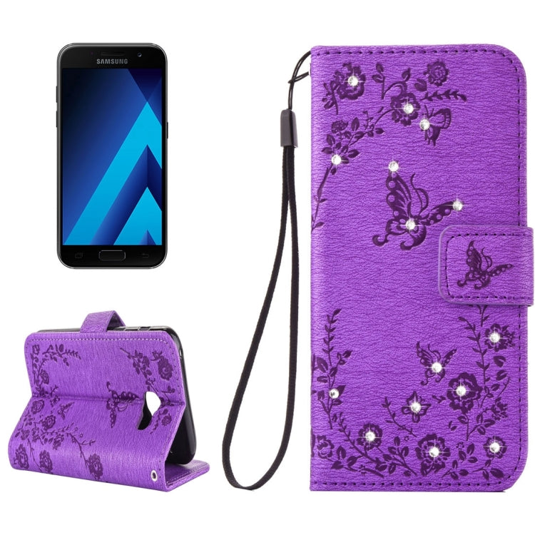 For Galaxy A3 (2017) Diamante Butteryfly Pressed Flowers Pattern Horizontal Flip Leather Case with Holder & Card Slots & Wallet & Lanyard