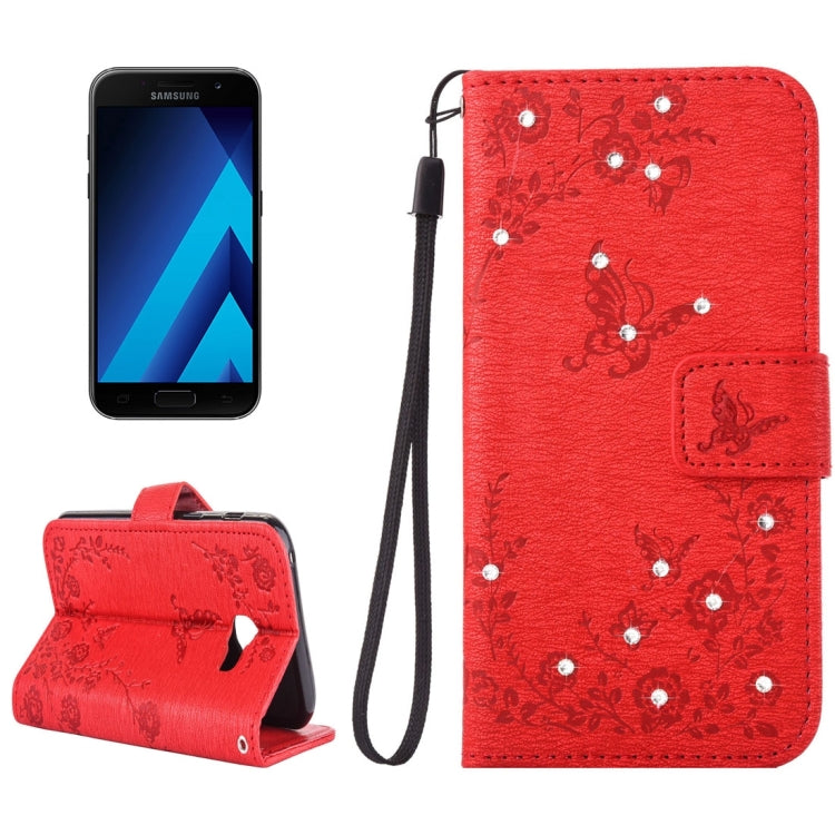 For Galaxy A3 (2017) Diamante Butteryfly Pressed Flowers Pattern Horizontal Flip Leather Case with Holder & Card Slots & Wallet & Lanyard