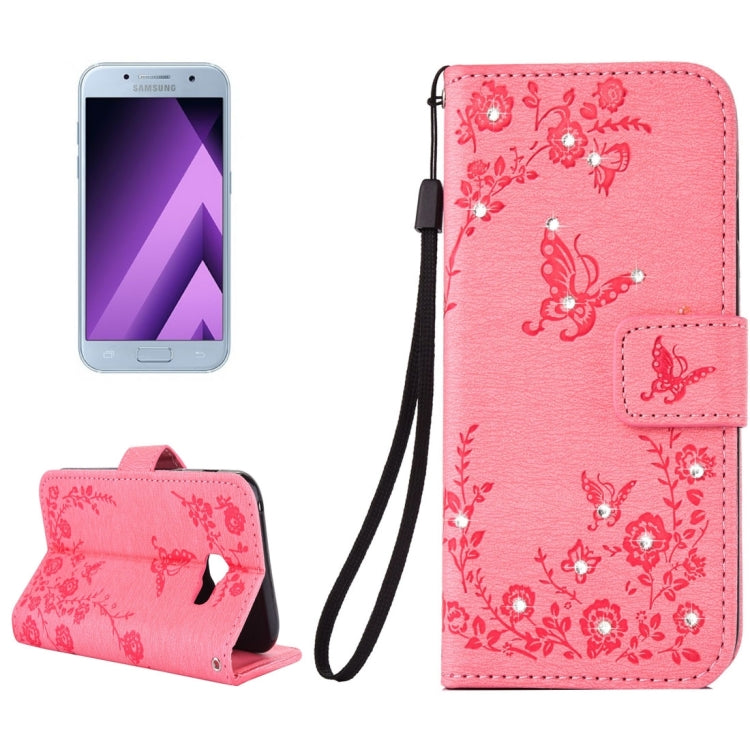 For Galaxy A5 (2017) Diamante Butteryfly Pressed Flowers Pattern Horizontal Flip Leather Case with Holder & Card Slots & Wallet & Lanyard