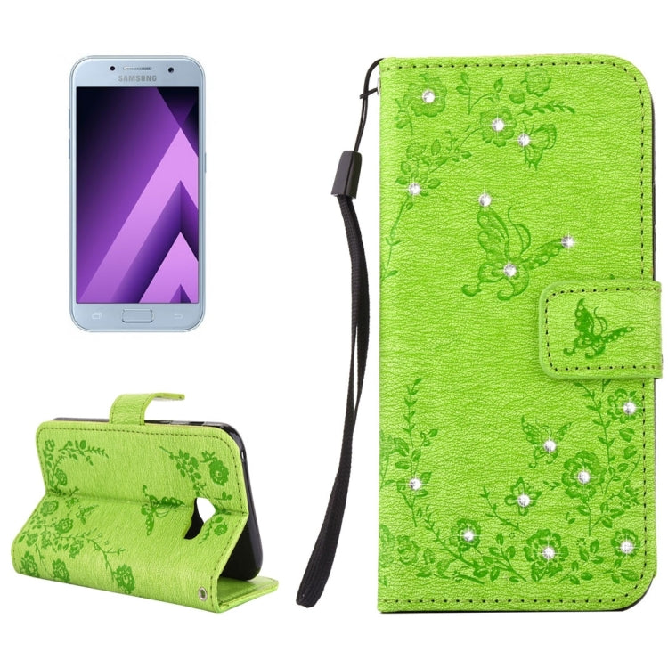 For Galaxy A5 (2017) Diamante Butteryfly Pressed Flowers Pattern Horizontal Flip Leather Case with Holder & Card Slots & Wallet & Lanyard