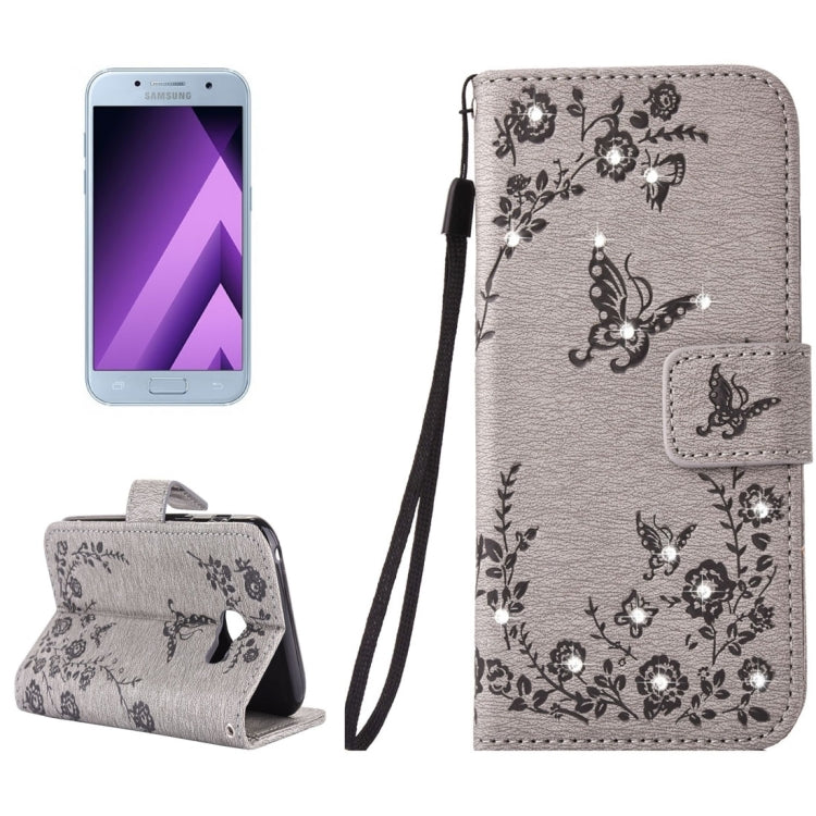 For Galaxy A5 (2017) Diamante Butteryfly Pressed Flowers Pattern Horizontal Flip Leather Case with Holder & Card Slots & Wallet & Lanyard