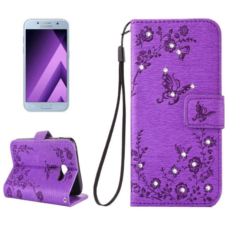 For Galaxy A5 (2017) Diamante Butteryfly Pressed Flowers Pattern Horizontal Flip Leather Case with Holder & Card Slots & Wallet & Lanyard