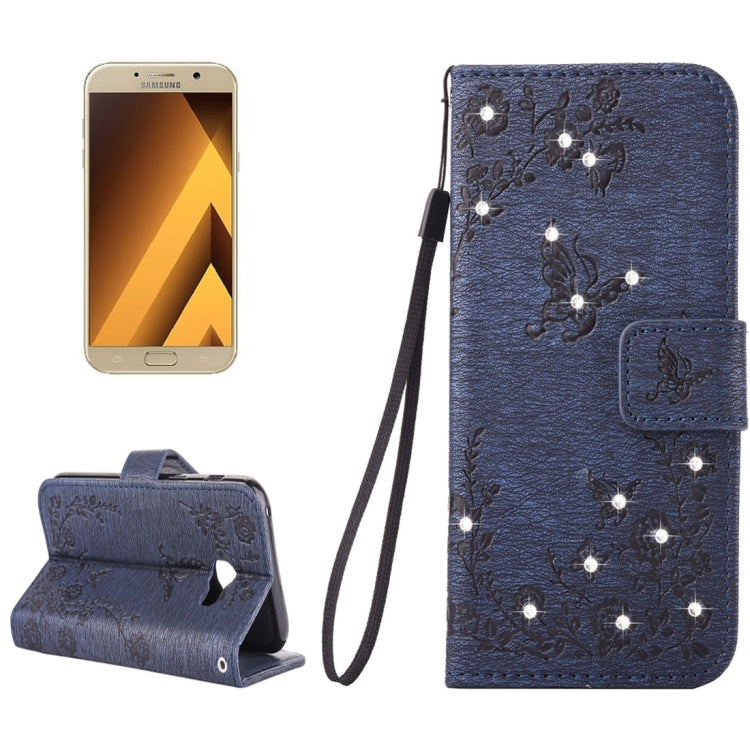 For Galaxy A7 (2017) Diamante Butteryfly Pressed Flowers Pattern Horizontal Flip Leather Case with Holder & Card Slots & Wallet & Lanyard