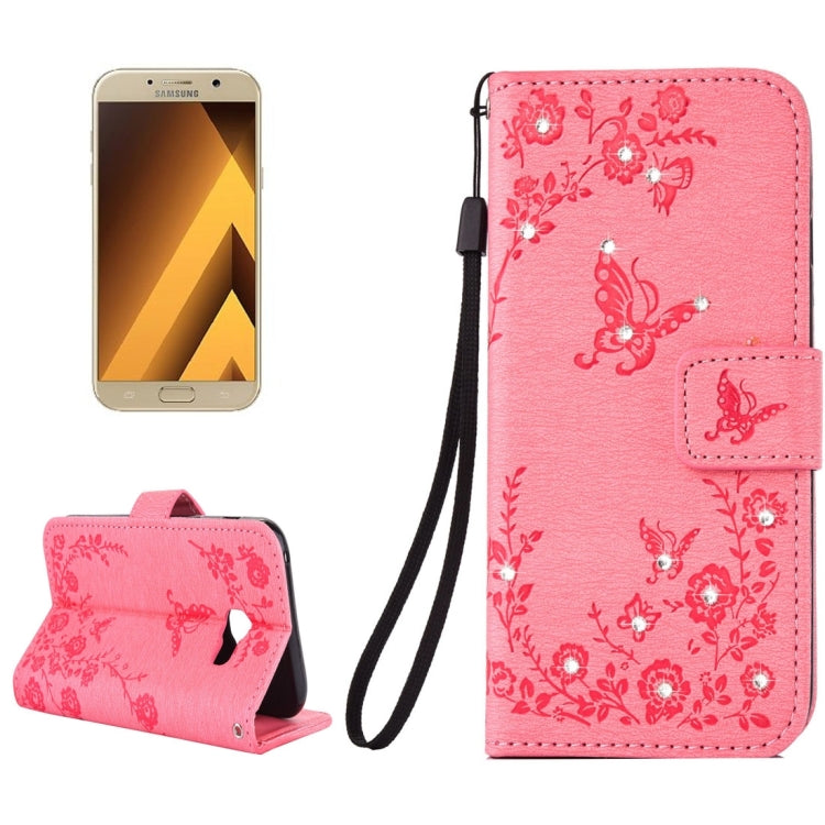 For Galaxy A7 (2017) Diamante Butteryfly Pressed Flowers Pattern Horizontal Flip Leather Case with Holder & Card Slots & Wallet & Lanyard