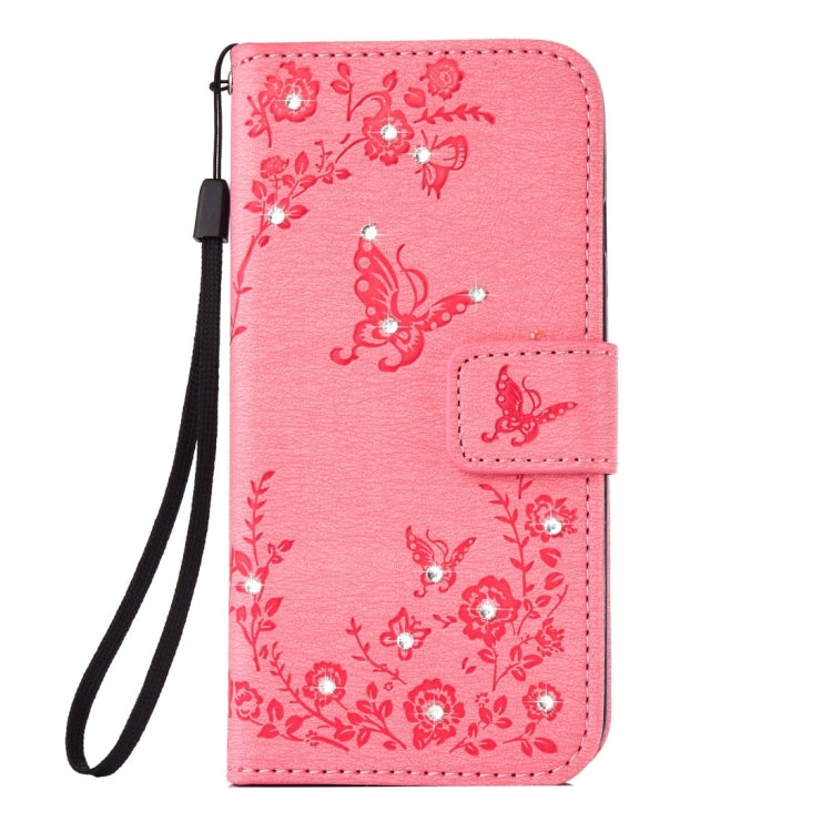 For Galaxy A7 (2017) Diamante Butteryfly Pressed Flowers Pattern Horizontal Flip Leather Case with Holder & Card Slots & Wallet & Lanyard