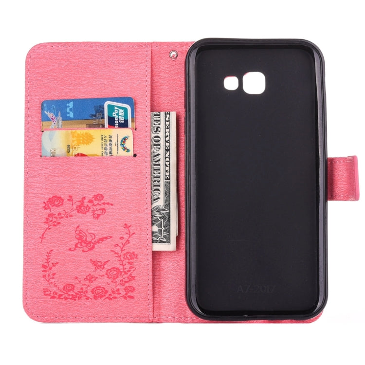 For Galaxy A7 (2017) Diamante Butteryfly Pressed Flowers Pattern Horizontal Flip Leather Case with Holder & Card Slots & Wallet & Lanyard