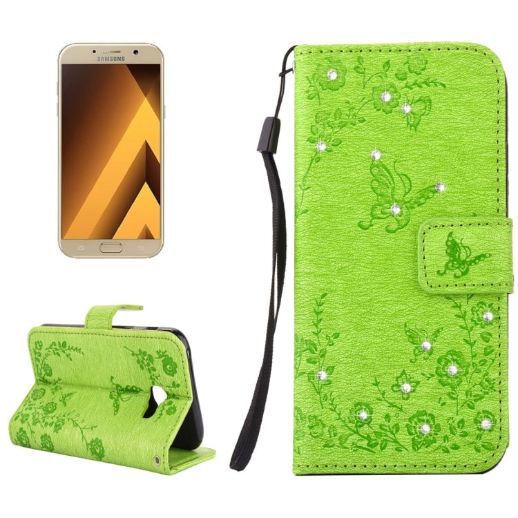 For Galaxy A7 (2017) Diamante Butteryfly Pressed Flowers Pattern Horizontal Flip Leather Case with Holder & Card Slots & Wallet & Lanyard