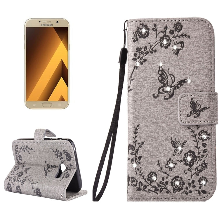 For Galaxy A7 (2017) Diamante Butteryfly Pressed Flowers Pattern Horizontal Flip Leather Case with Holder & Card Slots & Wallet & Lanyard