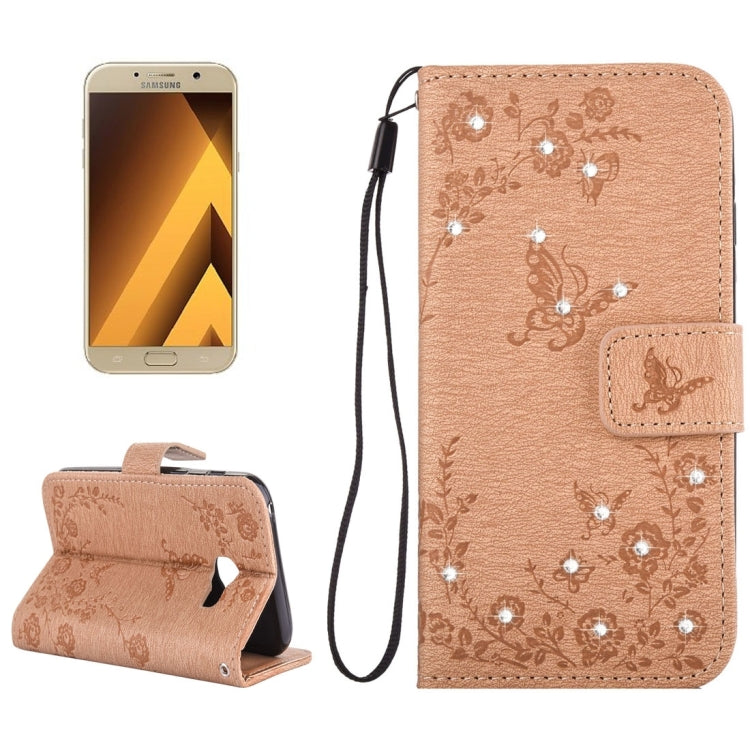 For Galaxy A7 (2017) Diamante Butteryfly Pressed Flowers Pattern Horizontal Flip Leather Case with Holder & Card Slots & Wallet & Lanyard