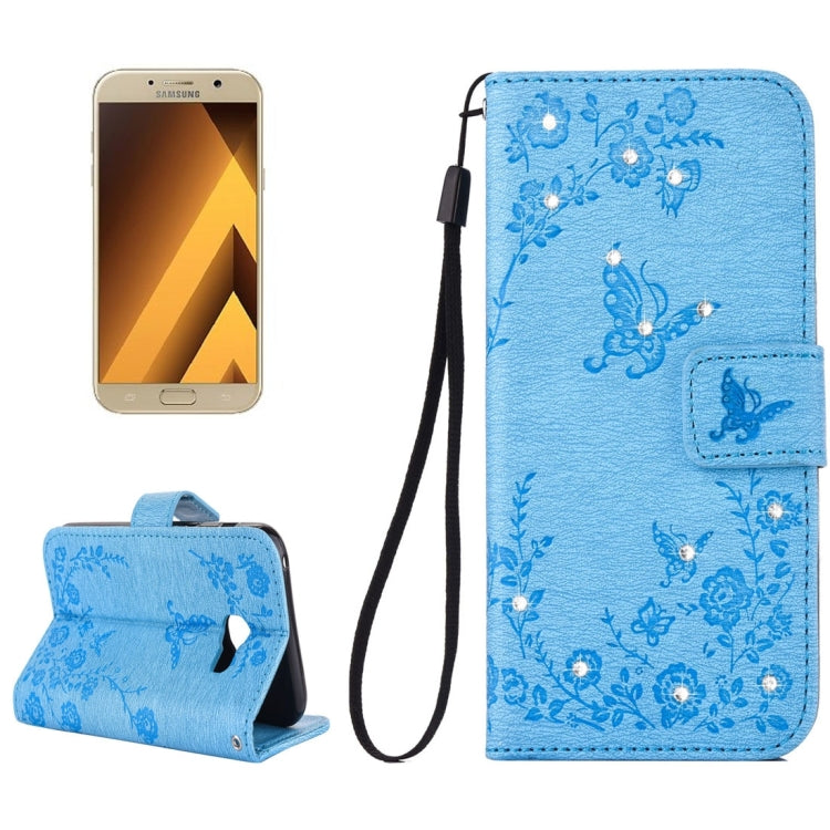 For Galaxy A7 (2017) Diamante Butteryfly Pressed Flowers Pattern Horizontal Flip Leather Case with Holder & Card Slots & Wallet & Lanyard