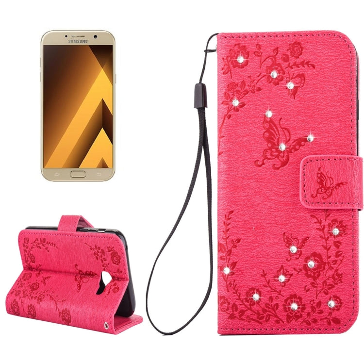 For Galaxy A7 (2017) Diamante Butteryfly Pressed Flowers Pattern Horizontal Flip Leather Case with Holder & Card Slots & Wallet & Lanyard