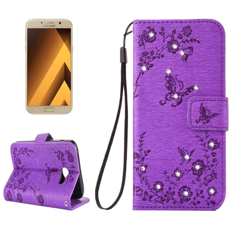 For Galaxy A7 (2017) Diamante Butteryfly Pressed Flowers Pattern Horizontal Flip Leather Case with Holder & Card Slots & Wallet & Lanyard