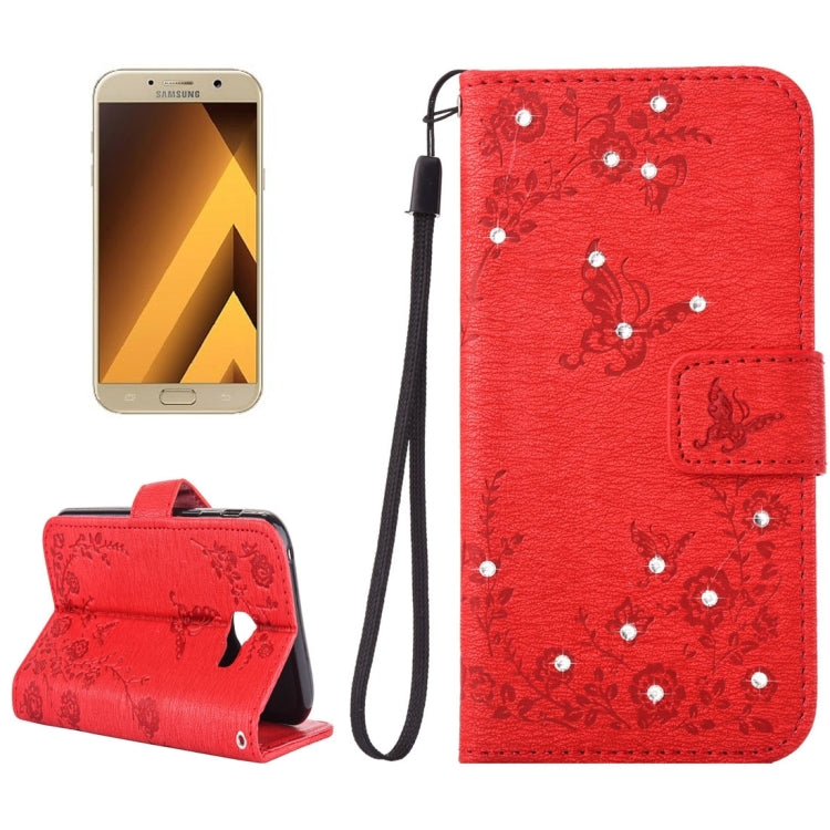 For Galaxy A7 (2017) Diamante Butteryfly Pressed Flowers Pattern Horizontal Flip Leather Case with Holder & Card Slots & Wallet & Lanyard