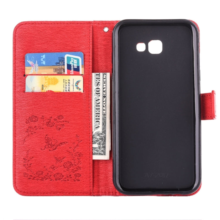 For Galaxy A7 (2017) Diamante Butteryfly Pressed Flowers Pattern Horizontal Flip Leather Case with Holder & Card Slots & Wallet & Lanyard