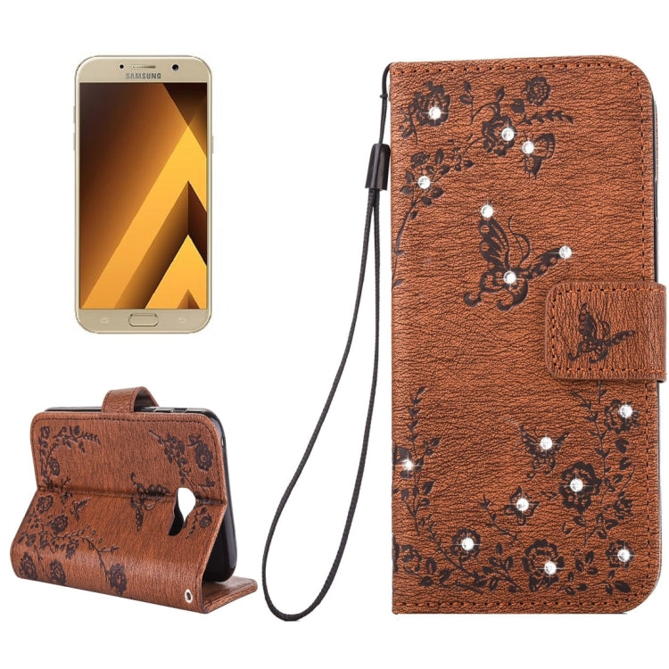For Galaxy A7 (2017) Diamante Butteryfly Pressed Flowers Pattern Horizontal Flip Leather Case with Holder & Card Slots & Wallet & Lanyard